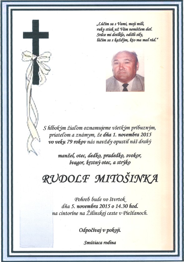 Posledná rozlúčka s Rudolfom Mitošinkom bude vo štvrtok