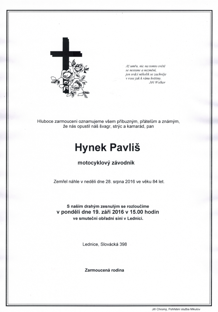 Rozlúčka a Hynkom Pavlišom bude 19. septembra